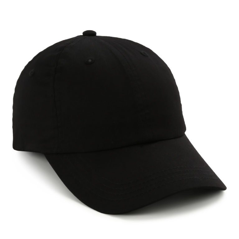 A black baseball cap is shown on a white background.