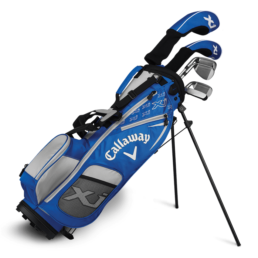 A blue and silver golf bag with the word callaway on it.