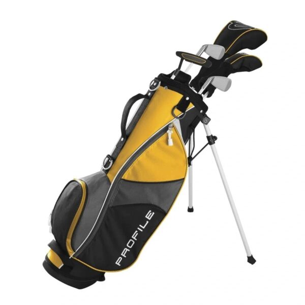 A yellow and black bag of golf clubs.