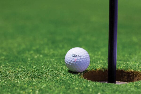 A golf ball is on the green near a hole.