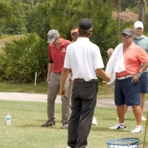 People on a golf course with a golf bat
