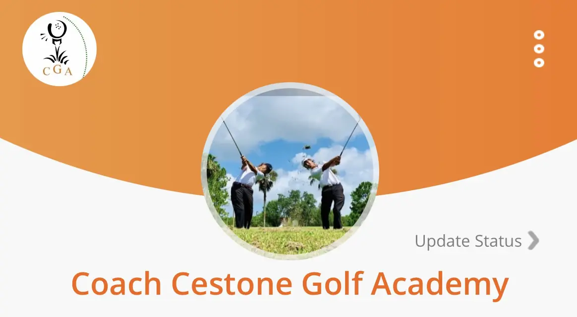 A couple of people are playing golf on an orange background