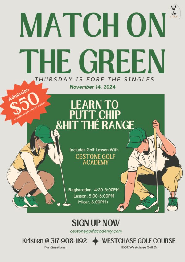 A poster for the green golf course with two people holding clubs.